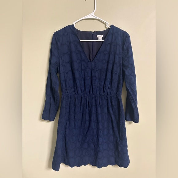 J Crew Navy Blue Eyelet Style V-Neck Dress Size 8 Long Sleeve Mini 100% Cotton - Picture 2 of 7